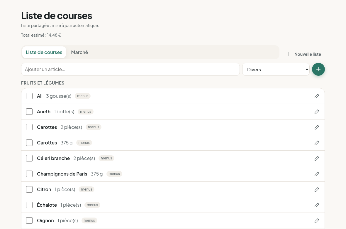 La liste de courses partagée, triée par rayon